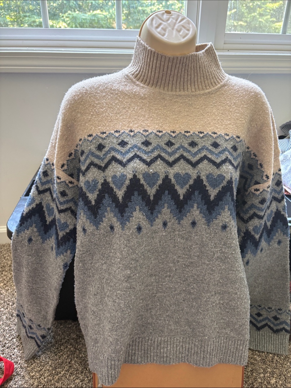 Poem & Thread Cream, Gray and Blue Fair Isle Turtleneck Sweater notice close up